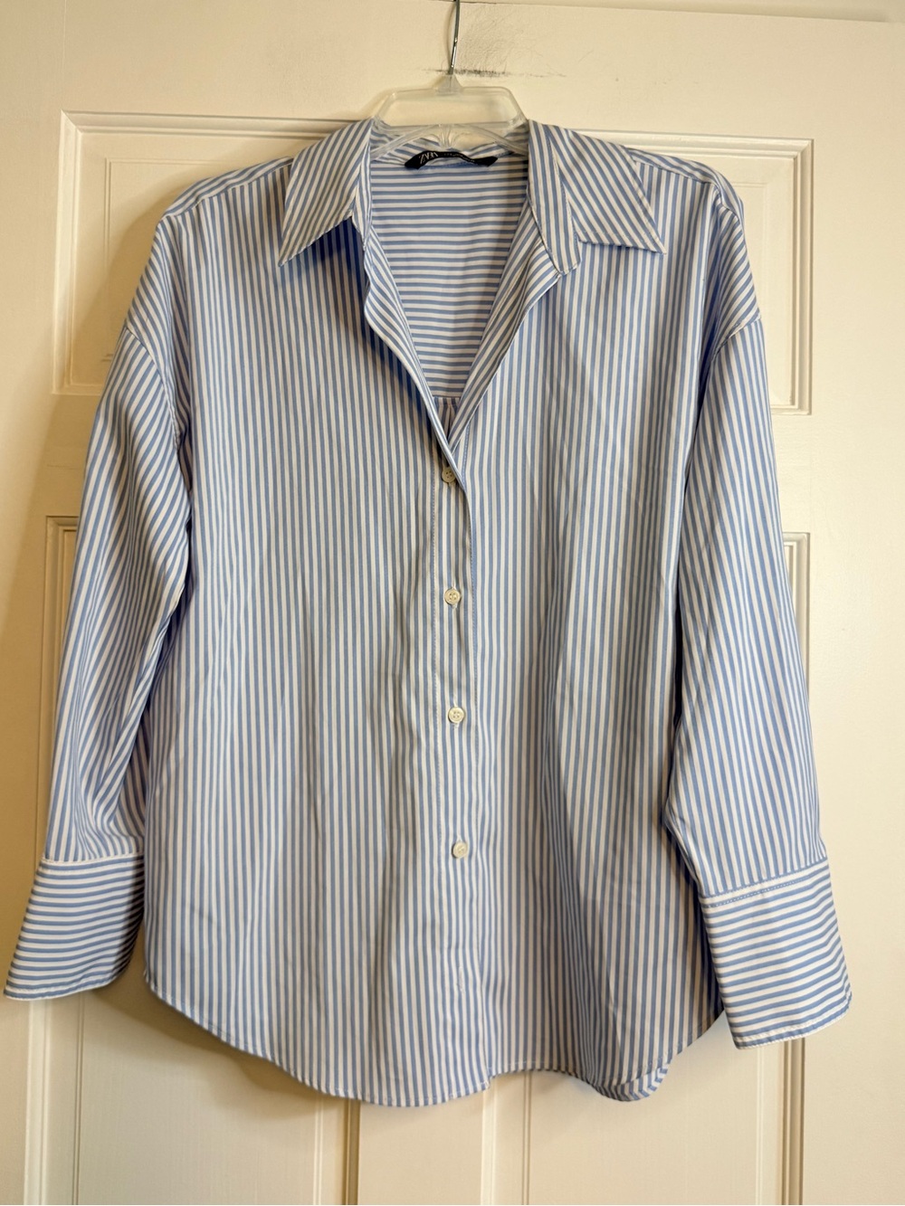Zara Blue and White Striped Poplin Button Down Shirt